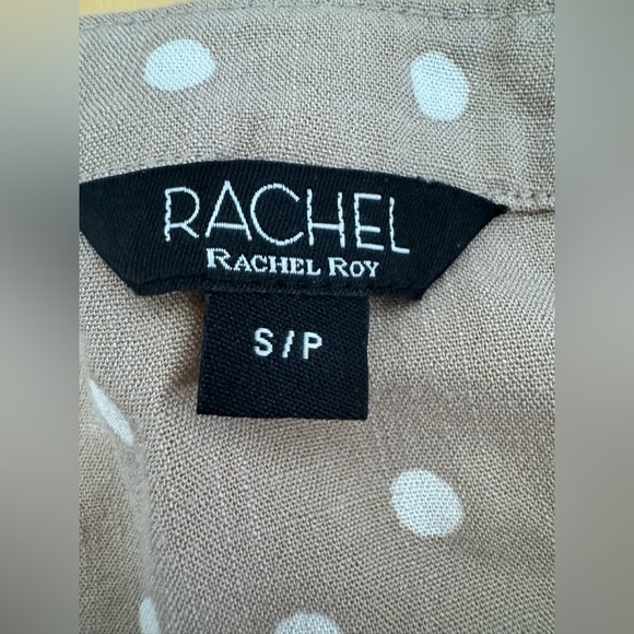 Women’s Rachel Roy Tan and White Polka Dot V-Neck Split V Collar Short Sleeve - Picture 4 of 6